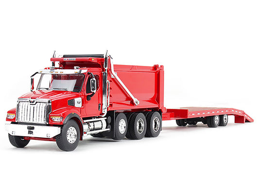 Western Star 49X Truck with Ox Bodies Dump & Beaver Tail Trailer Viper Red 1/64 Diecast Model by DCP/First Gear