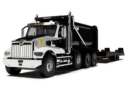 Western Star 49X Truck with Ox Bodies Dump & Beaver Tail Trailer Black with White Graphics 1/64 Diecast Model by DCP/First Gear