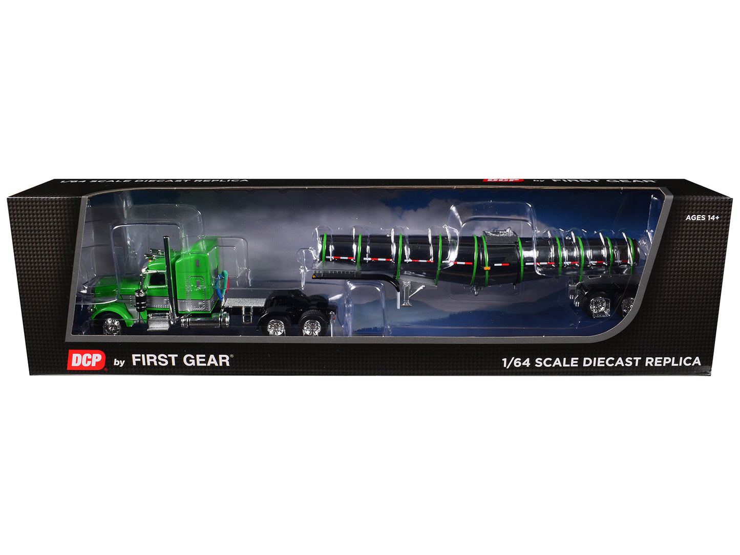 Peterbilt 389 with 48" Mid-Roof Sleeper and Polar Deep Drop Trailer Green and Silver 1/64 Diecast Model by DCP/First Gear