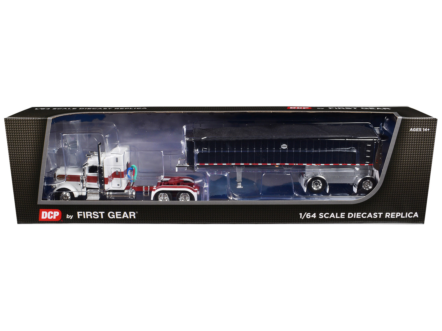 Peterbilt 389 with 48" Mid-Roof Sleeper and MAC Coal End Dump Trailer White with Red and Gold Stripes 1/64 Diecast Model by DCP/First Gear