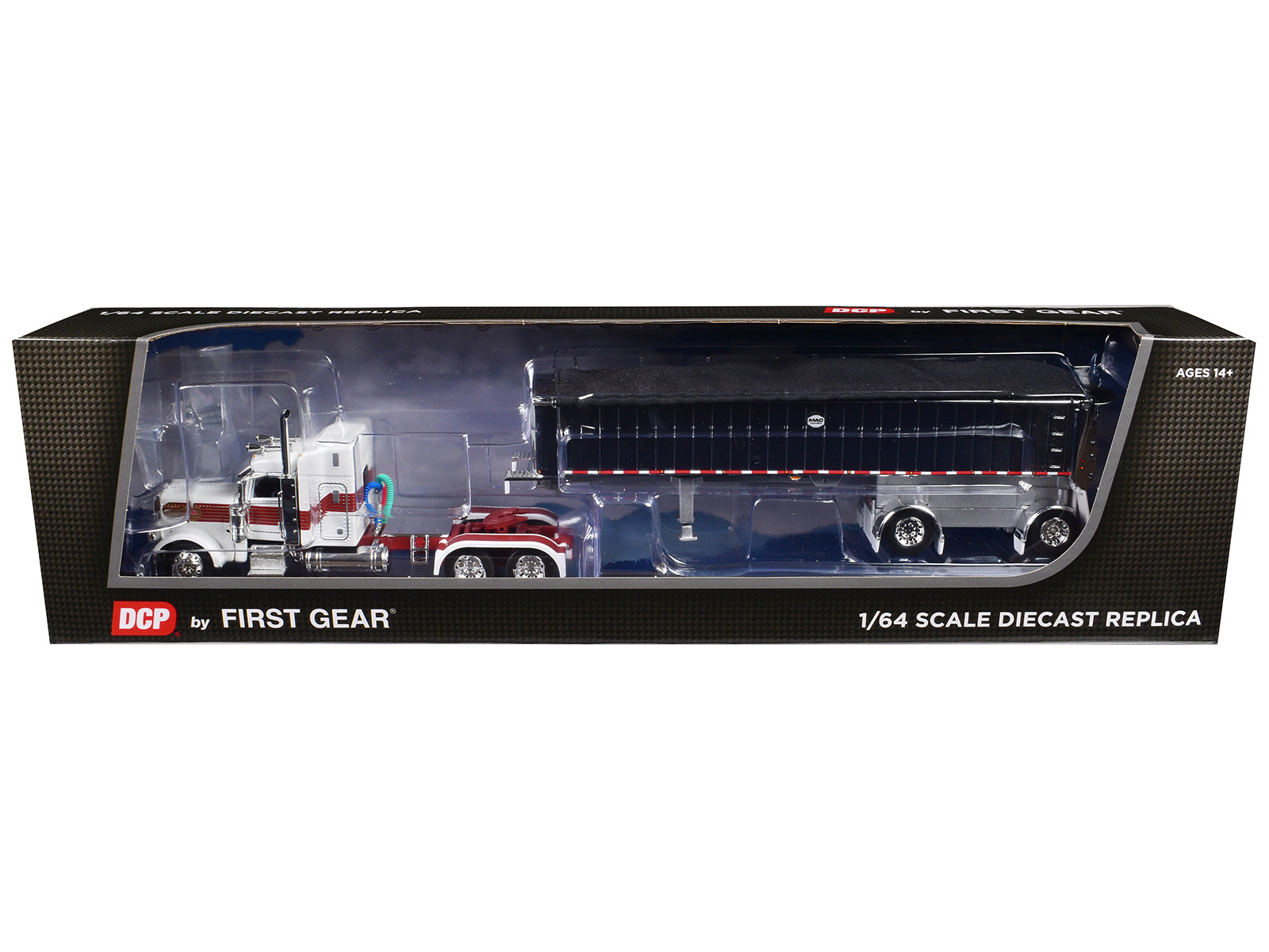 Peterbilt 389 with 48" Mid-Roof Sleeper and MAC Coal End Dump Trailer White with Red and Gold Stripes 1/64 Diecast Model by DCP/First Gear
