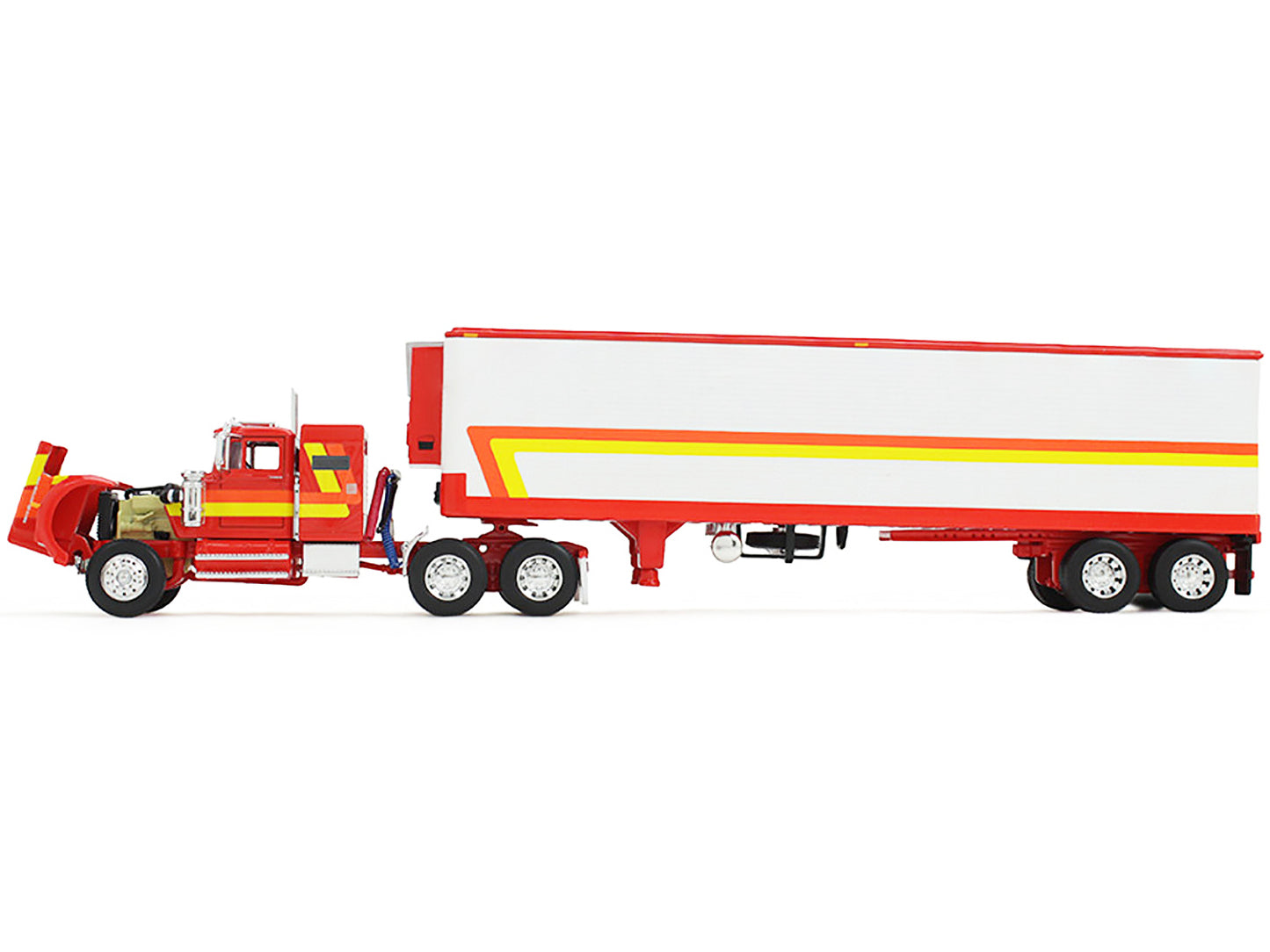 White Western Star 4900 with 36" Vintage Flat Top Sleeper and Wilson 40' Vintage Refridgerated Trailer Red and White with Stripes 1/64 Diecast Model by DCP/First Gear