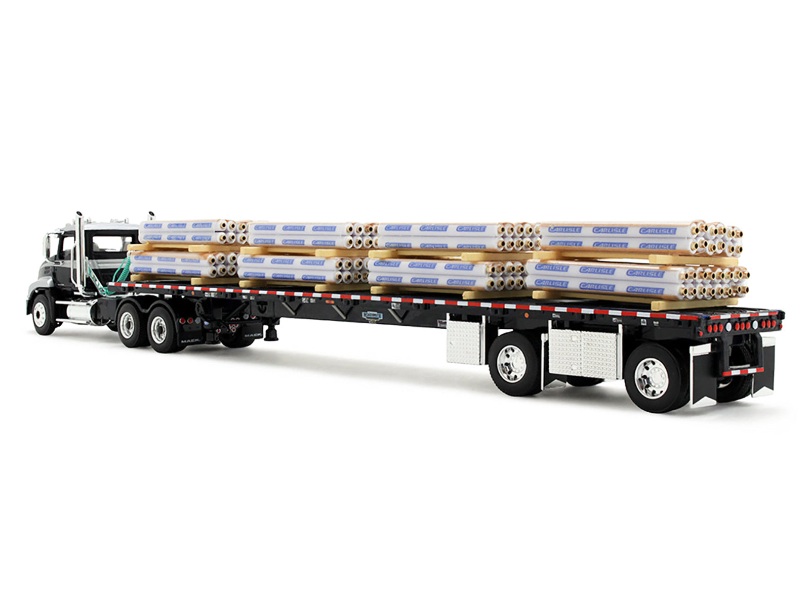 Mack Pinnacle Day Cab with Minimizer Parts & 53' Wilson Roadbrute Flatbed Trailer with "Carlisle Roofing" Loaded Pallets Black with Silver Top and Stripes 1/64 Diecast Model by DCP/First Gear
