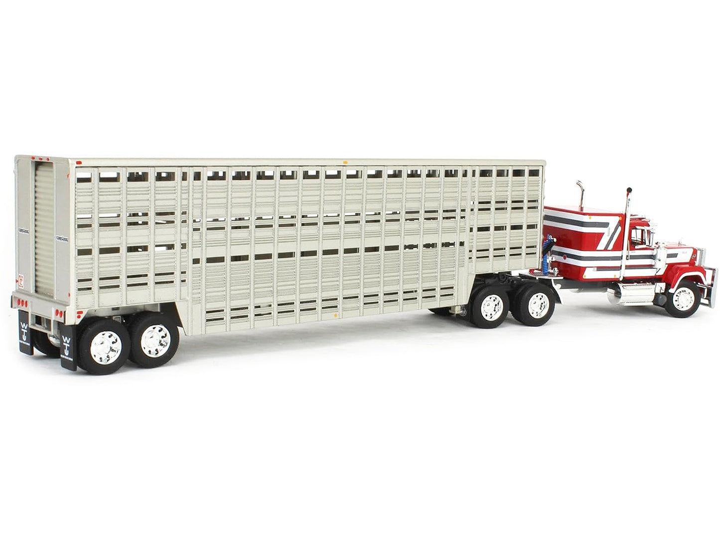 Mack Super-Liner with 60" Flat Top Sleeper and 45' Wilson Vintage Livestock Trailer Red with White and Gray Stripes 1/64 Diecast Model by DCP/First Gear