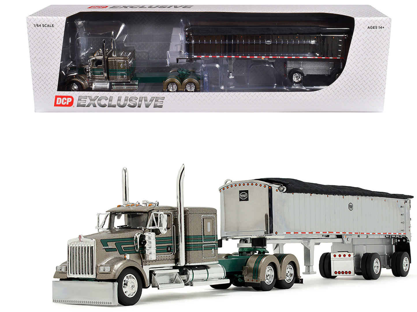 Kenworth W900L with 60" Flat Top Sleeper and MAC Coal End Dump Trailer "D&D Hauling & Excavating" Tan Metallic with Green Stripes 1/64 Diecast Model by DCP/First Gear