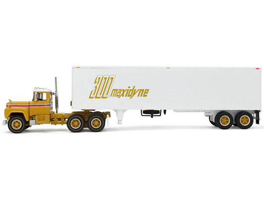 Mack R-Model Day Cab and 40' Vintage Trailer Yellow with Red Stripes and White Top "Mack Anniversary" 1/64 Diecast Model by DCP/First Gear
