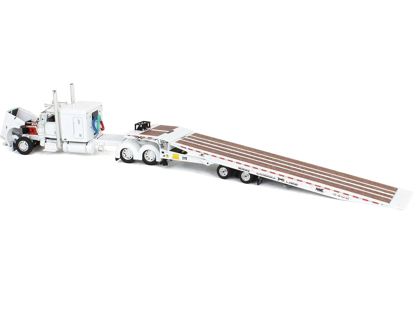 Peterbilt 389 with 63" Flat Top Sleeper and Landoll 440B50CA Traveling Axle Trailer White 1/64 Diecast Model by DCP/First Gear