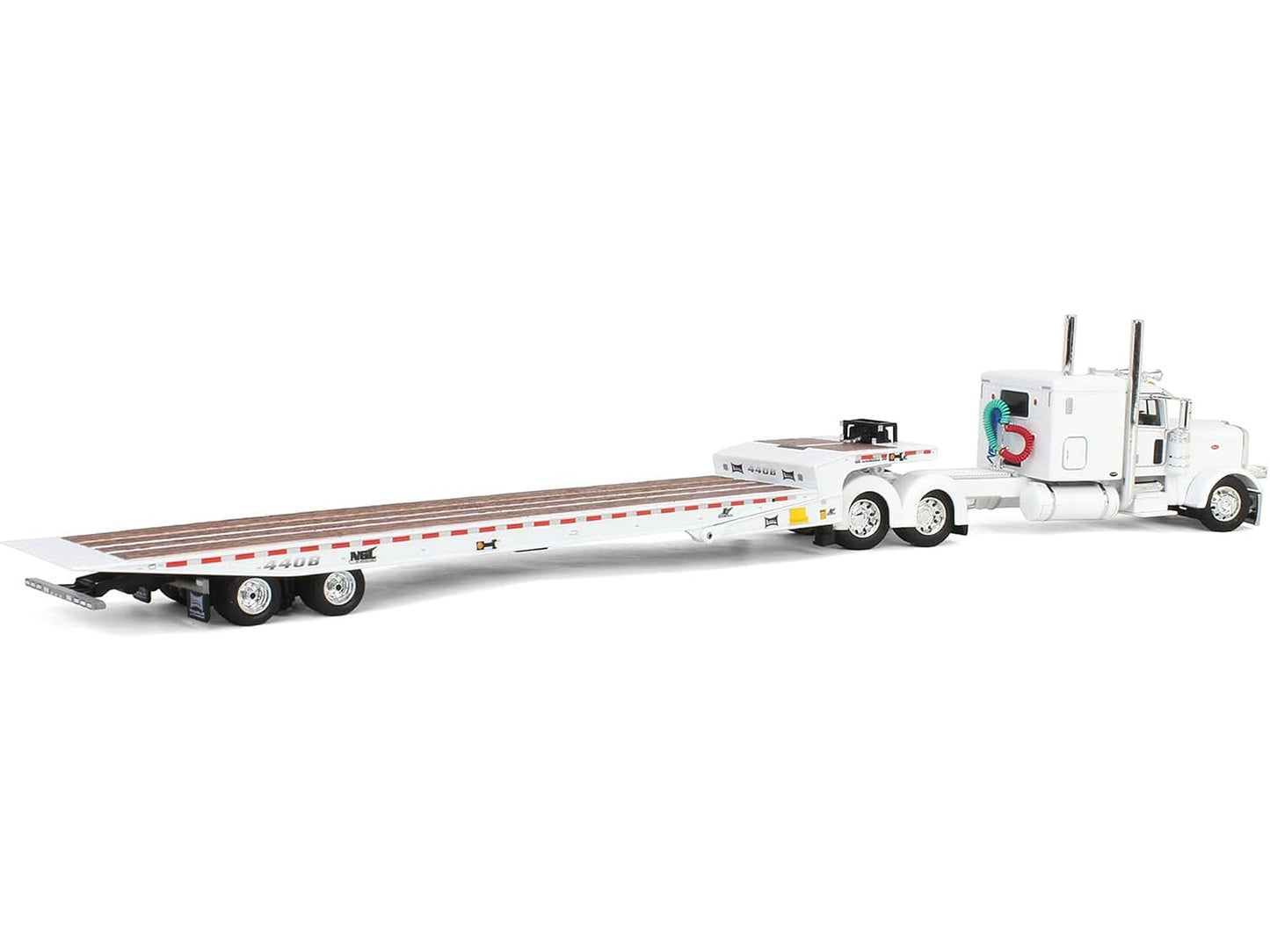 Peterbilt 389 with 63" Flat Top Sleeper and Landoll 440B50CA Traveling Axle Trailer White 1/64 Diecast Model by DCP/First Gear