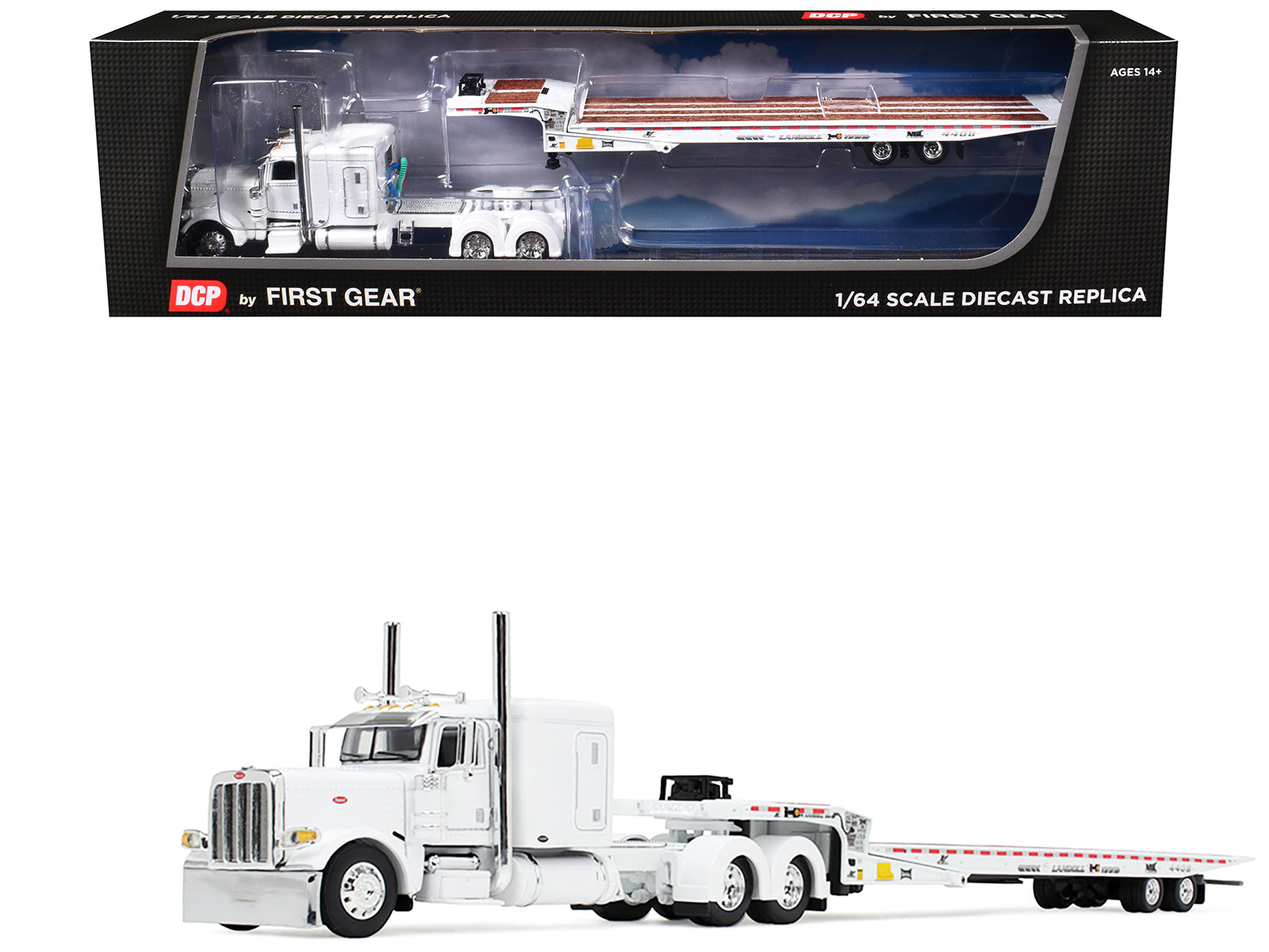 Peterbilt 389 with 63" Flat Top Sleeper and Landoll 440B50CA Traveling Axle Trailer White 1/64 Diecast Model by DCP/First Gear