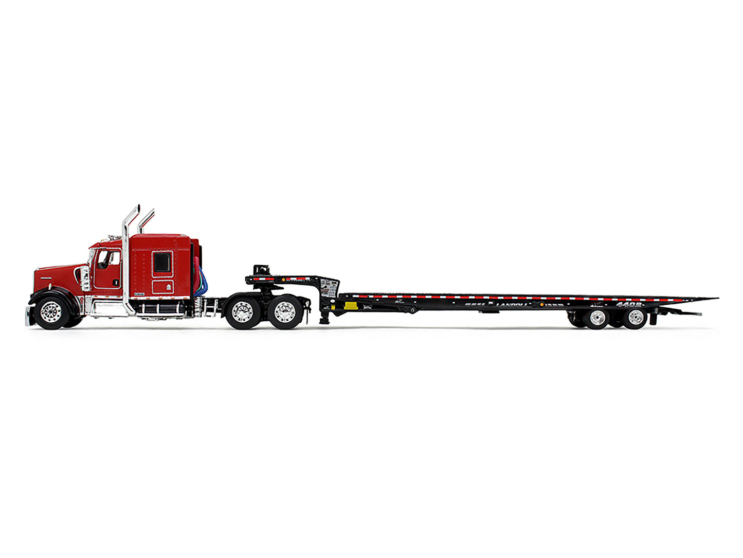 Kenworth W900L with 72" AeroCab Sleeper and Landoll 440B50CA Traveling Axle Trailer Viper Red and Black 1/64 Diecast Model by DCP/First Gear
