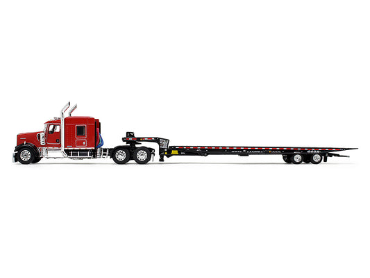 Kenworth W900L with 72" AeroCab Sleeper and Landoll 440B50CA Traveling Axle Trailer Viper Red and Black 1/64 Diecast Model by DCP/First Gear