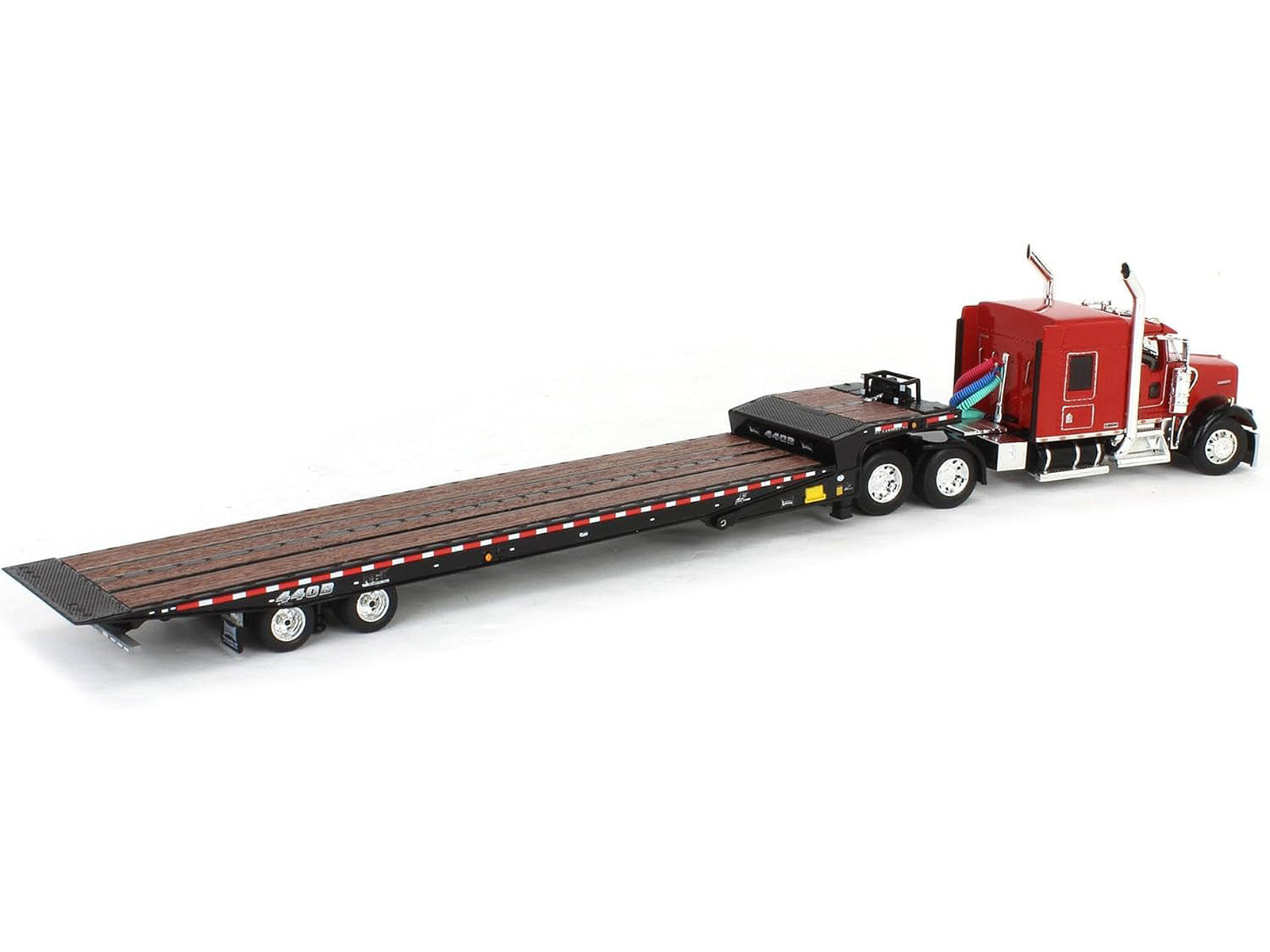 Kenworth W900L with 72" AeroCab Sleeper and Landoll 440B50CA Traveling Axle Trailer Viper Red and Black 1/64 Diecast Model by DCP/First Gear