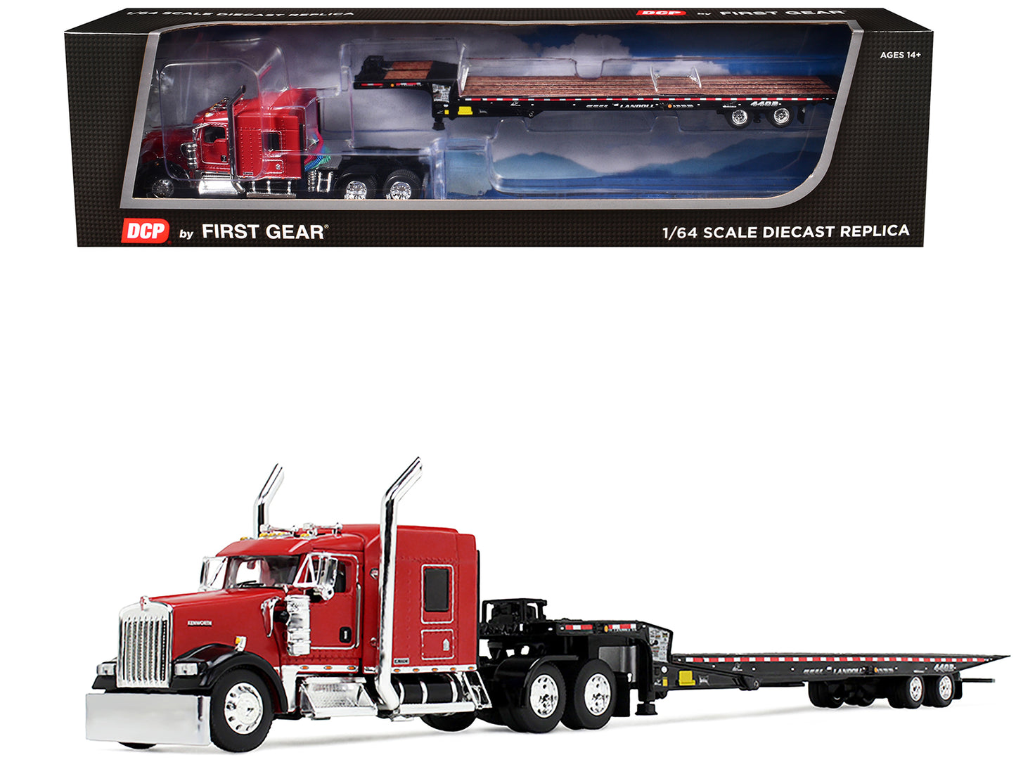 Kenworth W900L with 72" AeroCab Sleeper and Landoll 440B50CA Traveling Axle Trailer Viper Red and Black 1/64 Diecast Model by DCP/First Gear