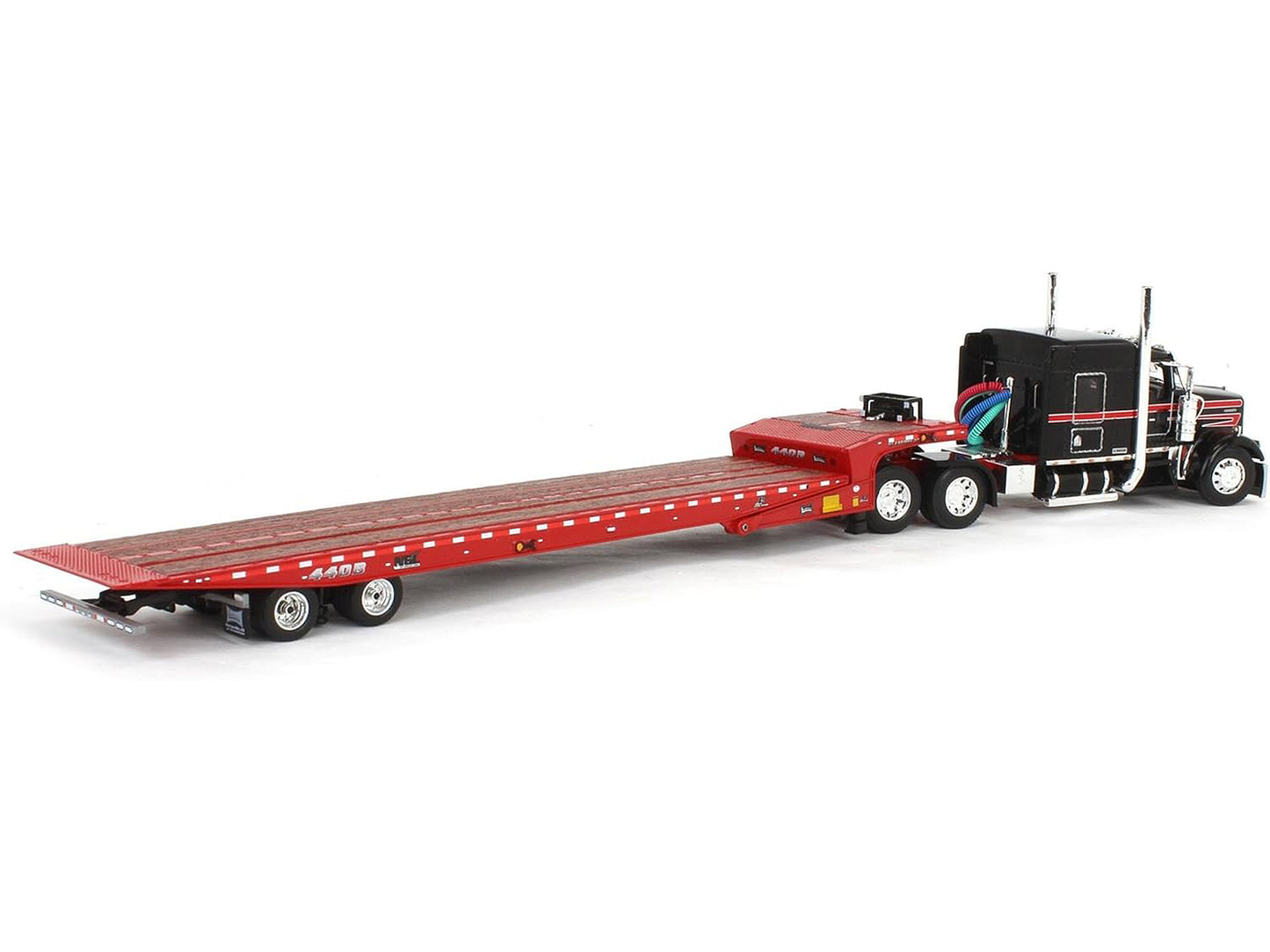 Kenworth W900L with 72" AeroCab Sleeper and Landoll 440B50CA Traveling Axle Trailer Black and Red 1/64 Diecast Model by DCP/First Gear