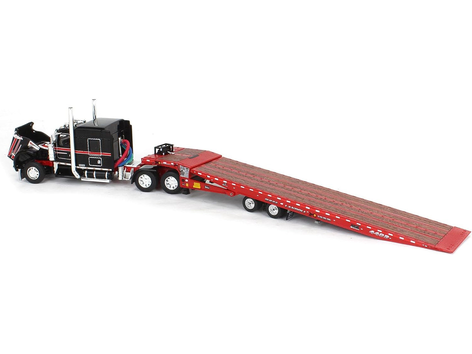 Kenworth W900L with 72" AeroCab Sleeper and Landoll 440B50CA Traveling Axle Trailer Black and Red 1/64 Diecast Model by DCP/First Gear