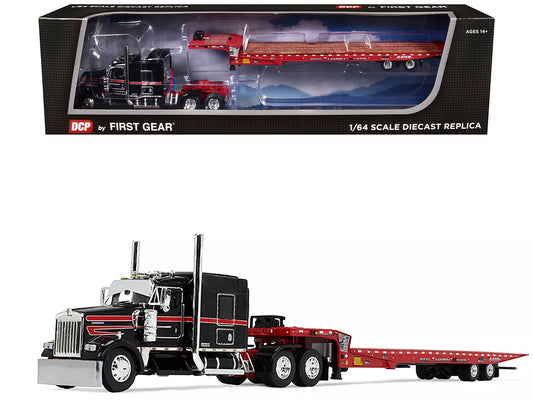 Kenworth W900L with 72" AeroCab Sleeper and Landoll 440B50CA Traveling Axle Trailer Black and Red 1/64 Diecast Model by DCP/First Gear