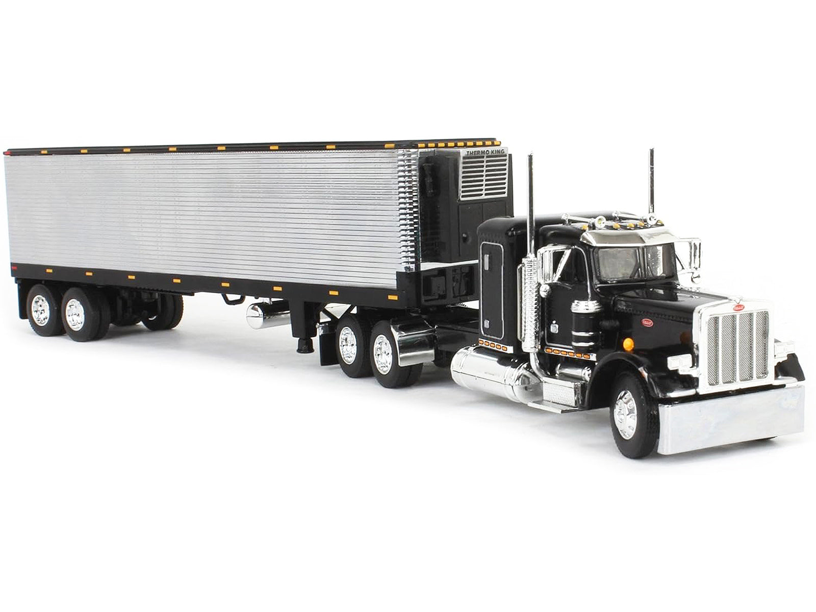 Peterbilt 359 with 36‚Äù Flat Top Sleeper and 40‚Äô Vintage Refrigerated Trailer Black with Chrome 1/64 Diecast Model by DCP/First Gear