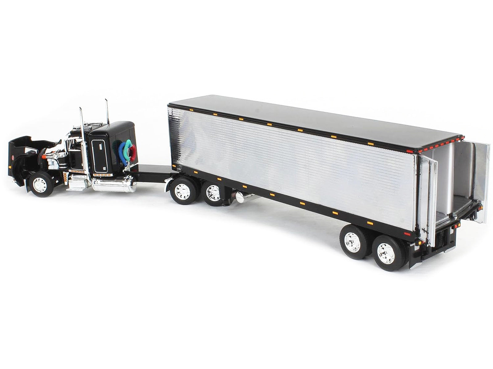 Peterbilt 359 with 36‚Äù Flat Top Sleeper and 40‚Äô Vintage Refrigerated Trailer Black with Chrome 1/64 Diecast Model by DCP/First Gear