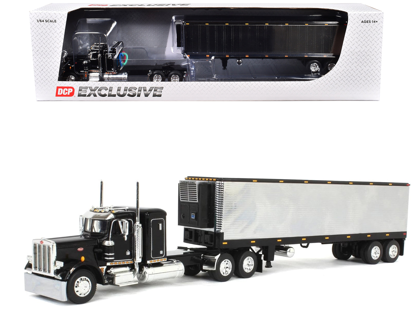 Peterbilt 359 with 36‚Äù Flat Top Sleeper and 40‚Äô Vintage Refrigerated Trailer Black with Chrome 1/64 Diecast Model by DCP/First Gear