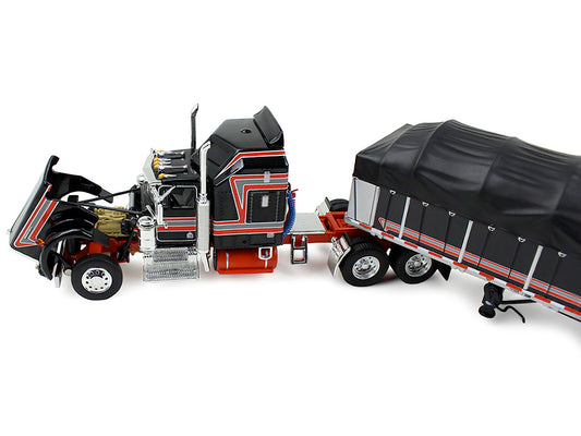 Kenworth W900A with 60" Aerodyne Sleeper and 53‚Äô Wilson Roadbrute Flatbed Trailer with Covered Wagon Black with Red Stripes 1/64 Diecast Model by DCP/First Gear