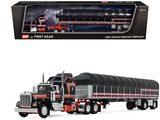 Kenworth W900A with 60" Aerodyne Sleeper and 53‚Äô Wilson Roadbrute Flatbed Trailer with Covered Wagon Black with Red Stripes 1/64 Diecast Model by DCP/First Gear