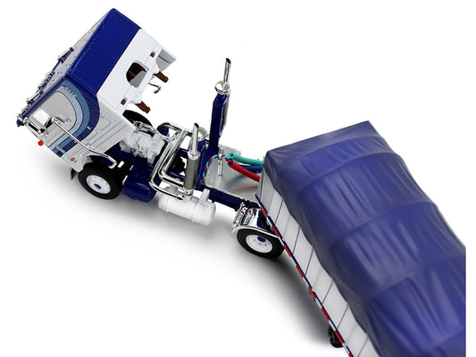 Peterbilt 352 COE 110" Sleeper and 53‚Äô Wilson Roadbrute Flatbed Trailer with Covered Wagon White with Blue Stripes 1/64 Diecast Model by DCP/First Gear
