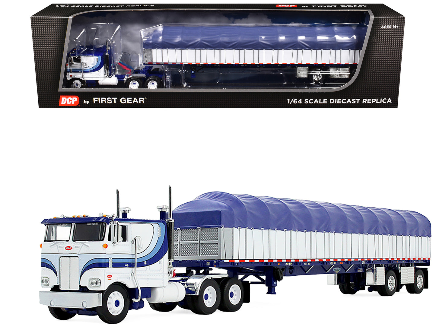 Peterbilt 352 COE 110" Sleeper and 53‚Äô Wilson Roadbrute Flatbed Trailer with Covered Wagon White with Blue Stripes 1/64 Diecast Model by DCP/First Gear