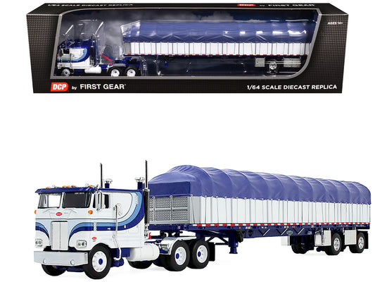 Peterbilt 352 COE 110" Sleeper and 53‚Äô Wilson Roadbrute Flatbed Trailer with Covered Wagon White with Blue Stripes 1/64 Diecast Model by DCP/First Gear