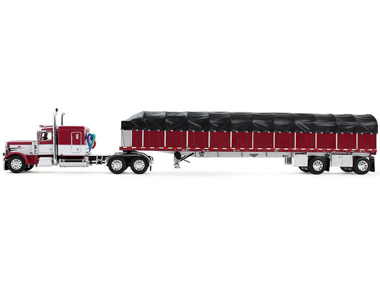 Peterbilt 389 with 63" Flat Top Sleeper and 53‚Äô Wilson Roadbrute Flatbed Trailer with Covered Wagon Maroon with White Stripes 1/64 Diecast Model by DCP/First Gear