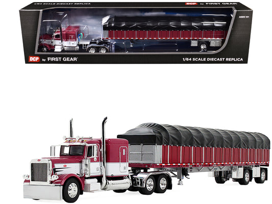 Peterbilt 389 with 63" Flat Top Sleeper and 53‚Äô Wilson Roadbrute Flatbed Trailer with Covered Wagon Maroon with White Stripes 1/64 Diecast Model by DCP/First Gear