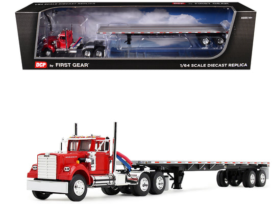 White Western Star 4900 Day Cab with 48‚Äô Utility Flatbed Trailer Viper Red 1/64 Diecast Model by DCP/First Gear