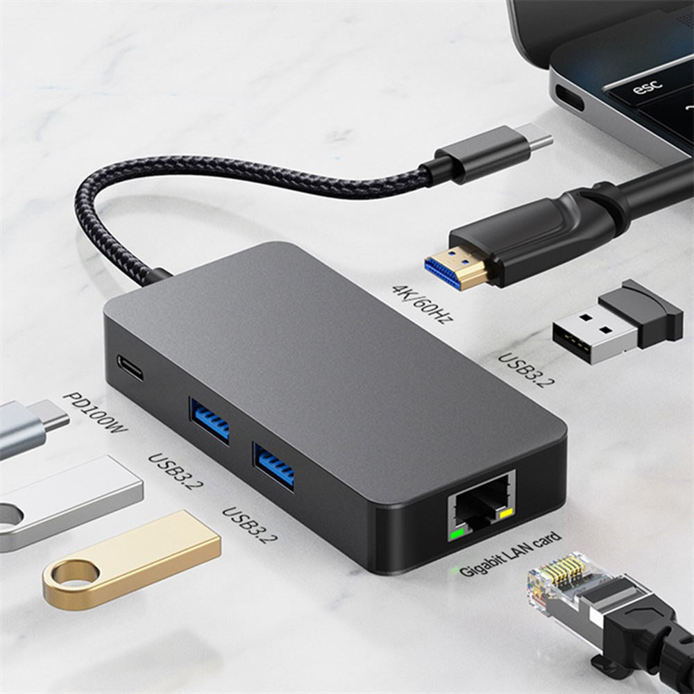 2308 6-in-1 USB Hub Type-C to RJ45 Gigabit + USB3.2x3 + 4K 60Hz HD + PD 100W Type-C Adapter