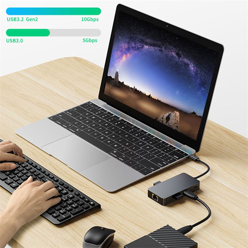2308 6-in-1 USB Hub Type-C to RJ45 Gigabit + USB3.2x3 + 4K 60Hz HD + PD 100W Type-C Adapter