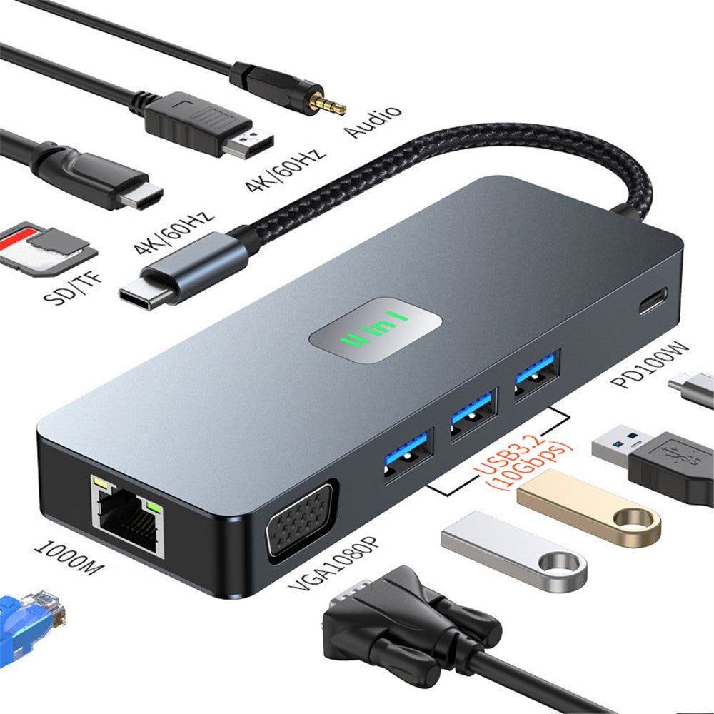2309 Type-C to 11-Port USB Hub 4K 60Hz HD Screen Mirroring Gigabit Ethernet Adapter Laptop Tablet Docking Station