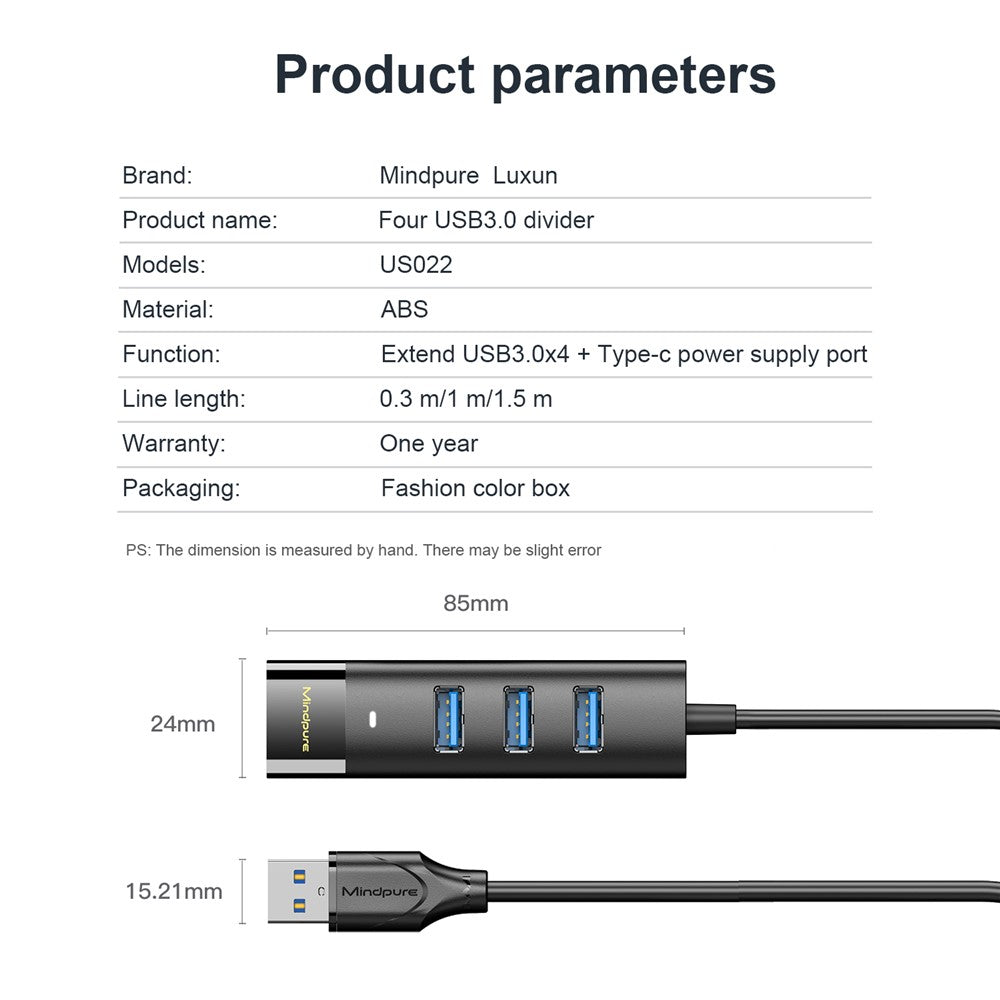 MINDPURE US022 1m USB-A to USB 3.0 4-Port Hub High Speed Data Transfer Laptop Docking Station