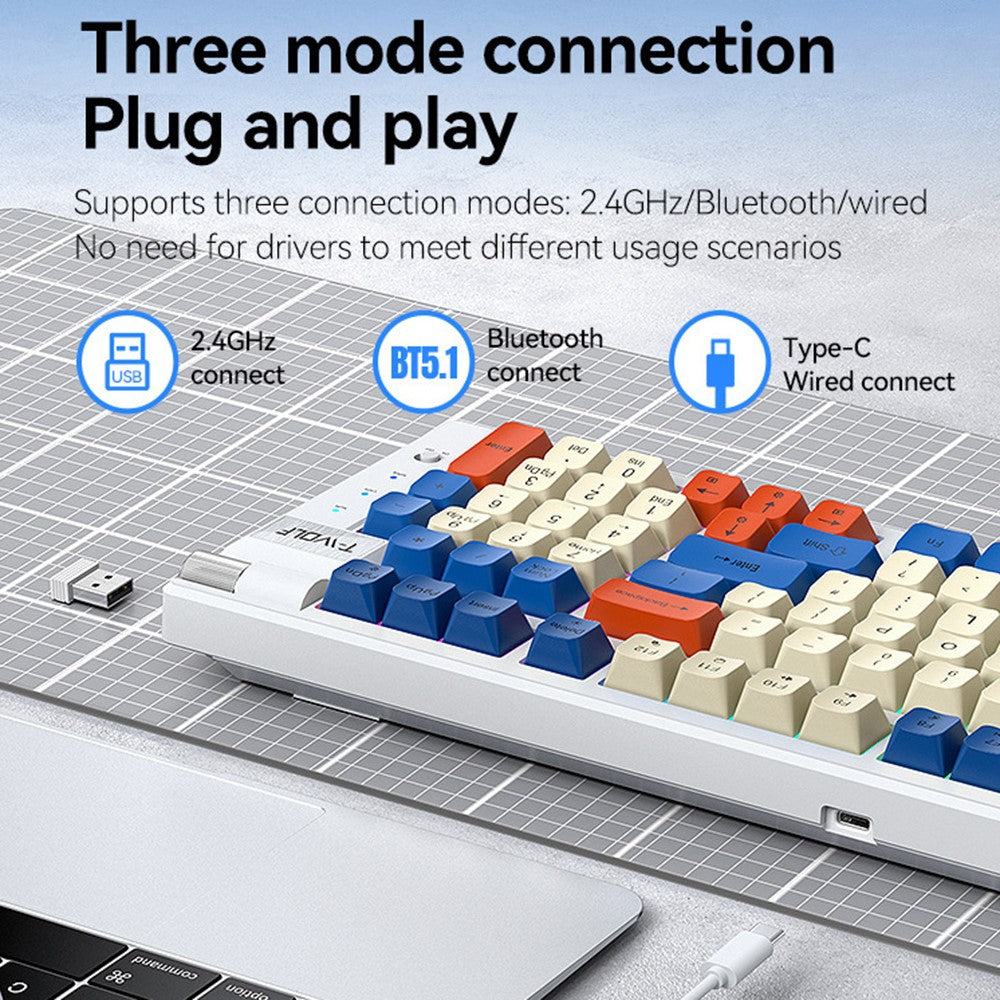 T-WOLF T70 Bluetooth-compatible / Wired / 2.4G Wireless Keyboard RGB Backlit 97-Key Mechanical Keyboard