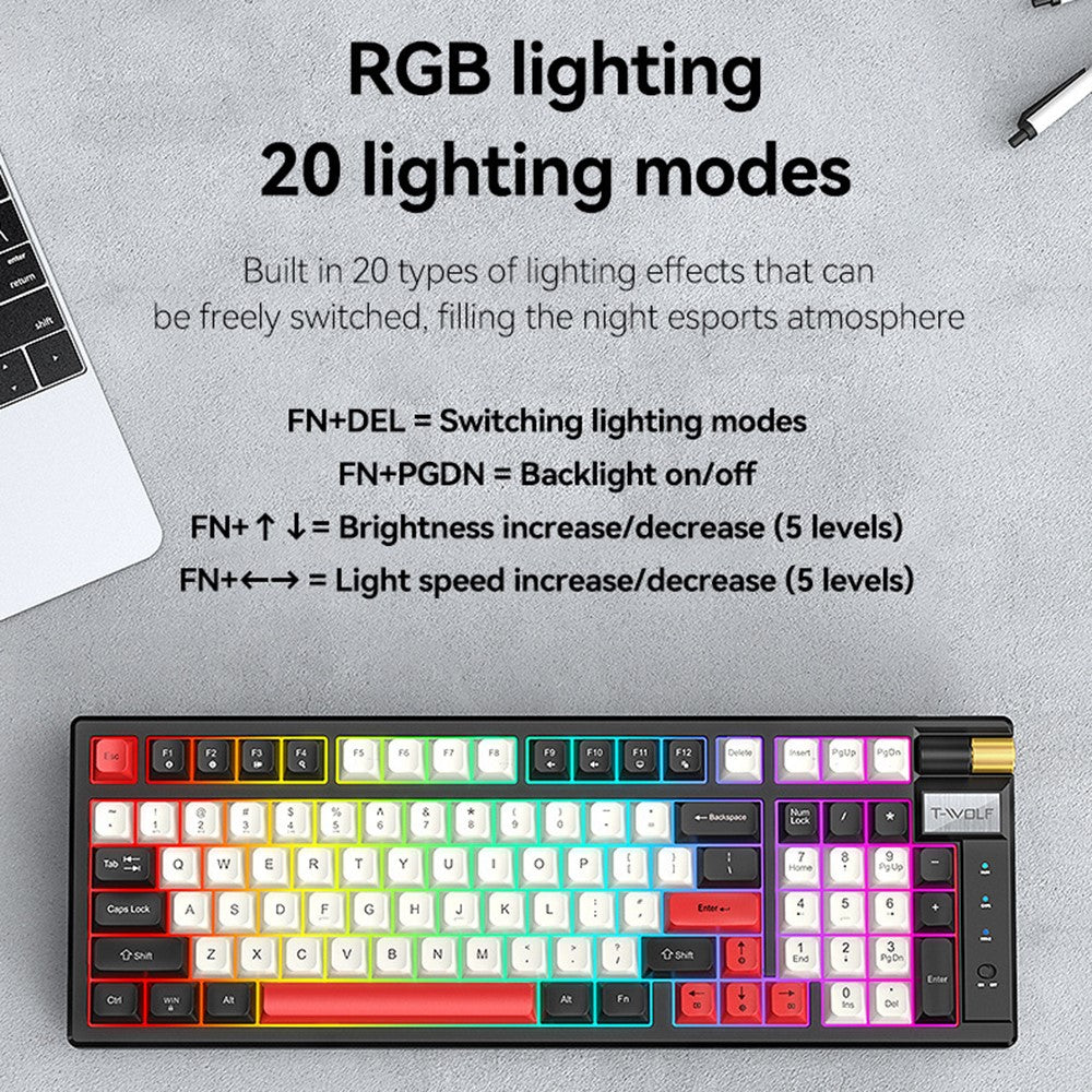 T-WOLF T70 Bluetooth-compatible / Wired / 2.4G Wireless Keyboard RGB Backlit 97-Key Mechanical Keyboard