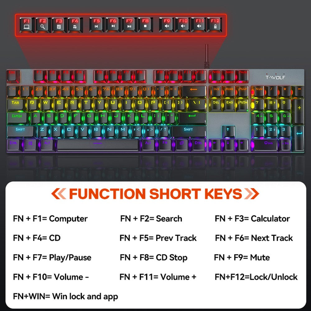 T-WOLF T17 USB Wired Keyboard 104-Key Color Backlit Computer Gaming Mechanical Keyboard
