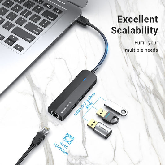 VENTION CHNBB 5 in 1 USB Hub USB 3.0 x 3 + Gigabit Ethernet Docking Station with Micro USB Power Port