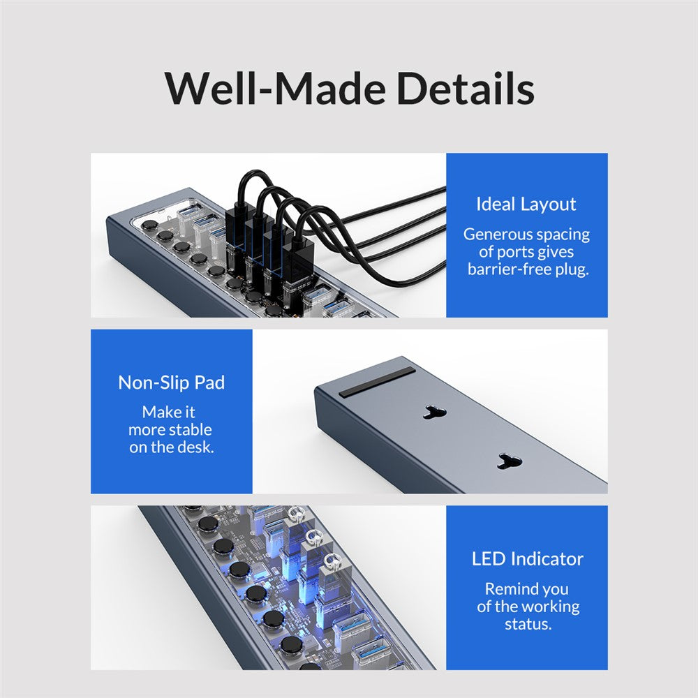 ORICO AT2U3-10AB Aluminum Alloy + PC USB3.0 Multi-port HUB with Individual Switches