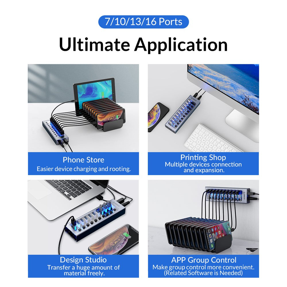 ORICO AT2U3-16AB Aluminum Alloy + PC USB3.0 Multi-port HUB with Individual Switches