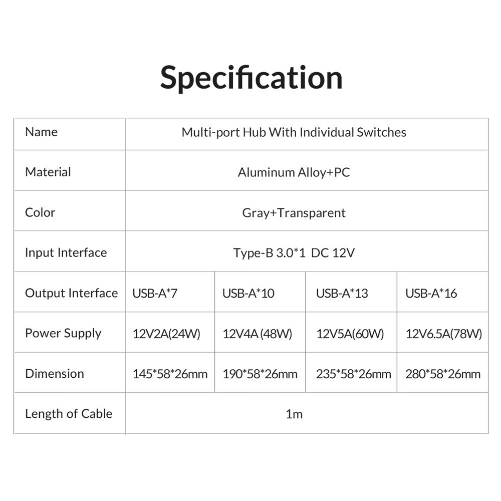 ORICO AT2U3-16AB Aluminum Alloy + PC USB3.0 Multi-port HUB with Individual Switches