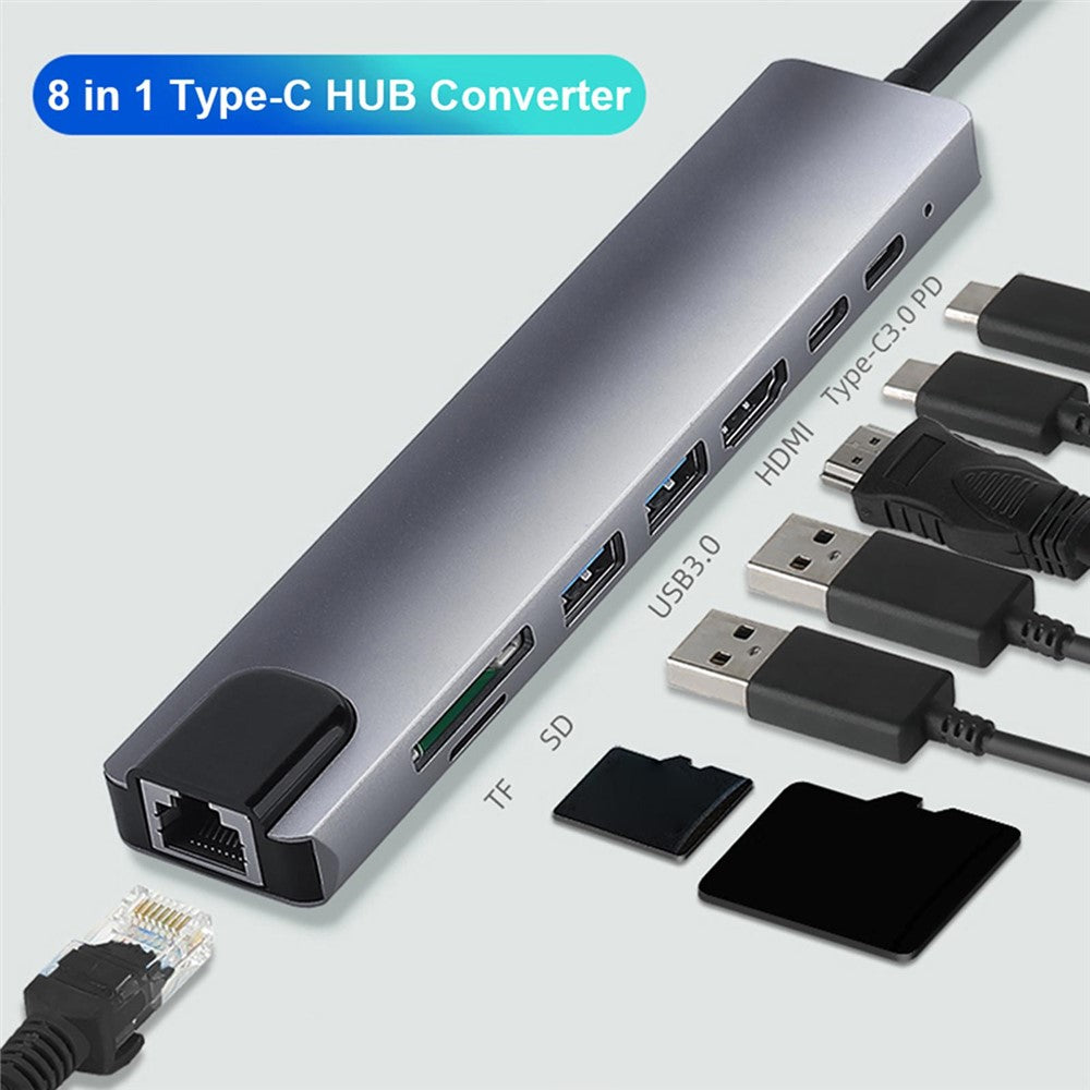 8-in-1 Type-C Docking Station +2*USB3.0+2*Type-C+RJ45+TF+SD Multi-function HUB