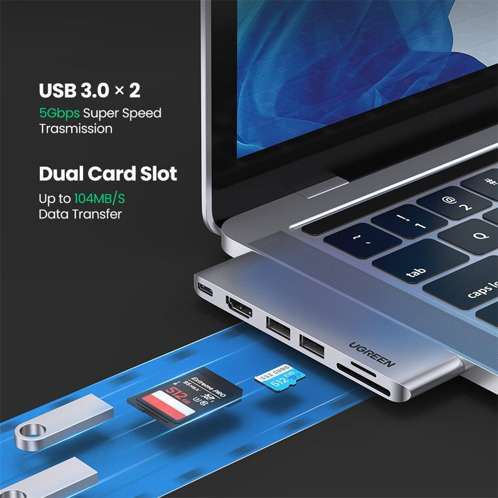 UGREEN Dual USB Type C Hub for MacBook Pro 6 in 2 USB C Adapter Support 2 USB 3.0 HDMI PD Charging SD/TF Card Port