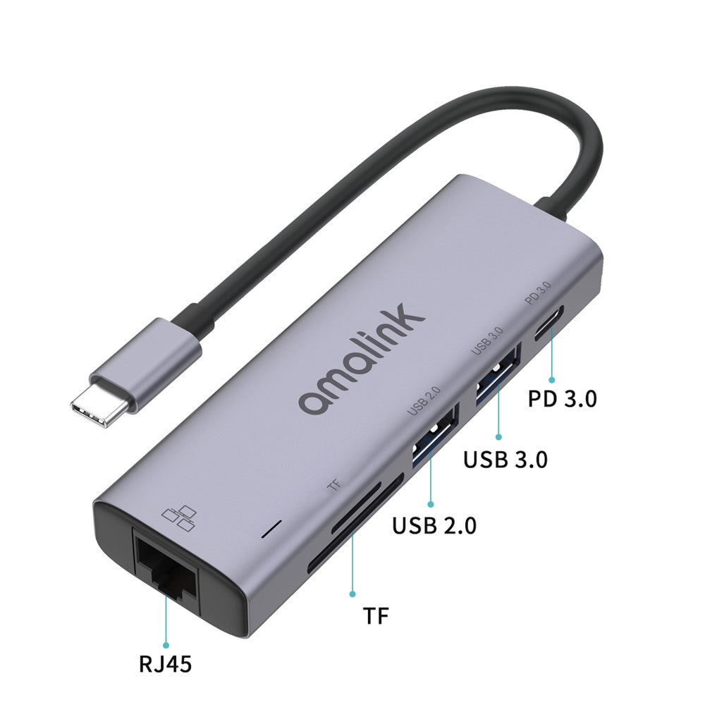AMALINK AL-95122D 6 in 1 Type C Hub TF Card Reader USB 2.0+3.0 PD 3.0 RJ45 Adapter Up to 85W Power Delivery