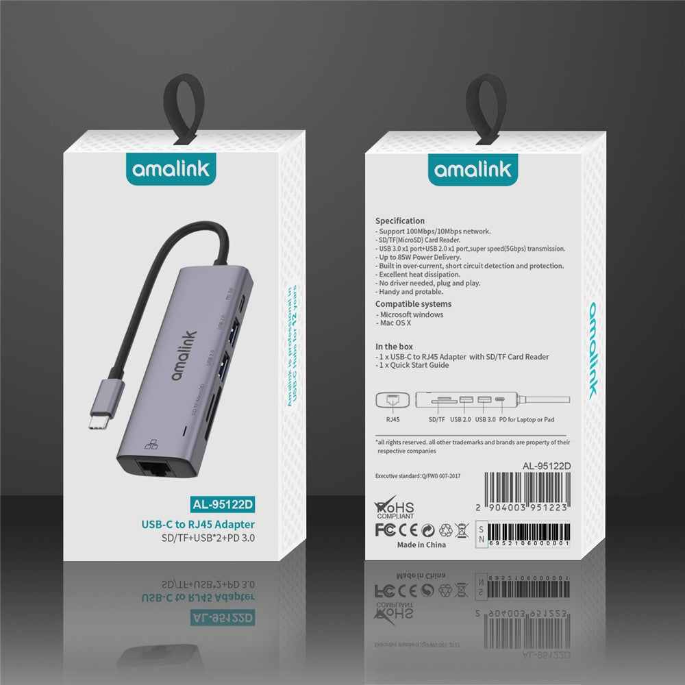 AMALINK AL-95122D 6 in 1 Type C Hub TF Card Reader USB 2.0+3.0 PD 3.0 RJ45 Adapter Up to 85W Power Delivery