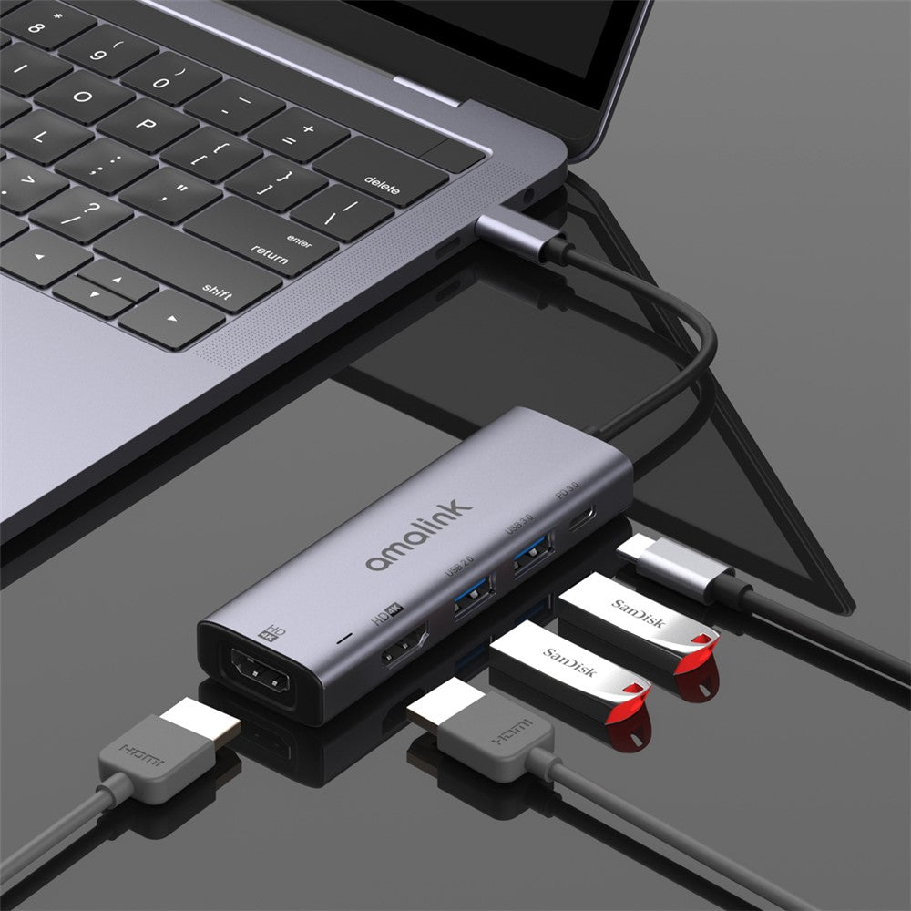 AMALINK AL-95126D 5 in 1 Type C Hub 76W Power Delivery 2x HDMI+USB 2.0 PD 3.0 Adapter for Mobile Phone Laptop