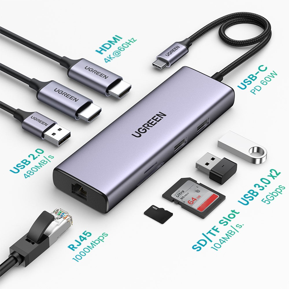 UGREEN 90119 9-in-1 Type-C Hub Multi-Port USB-C to 2 HDMI 2 USB3.0 USB 2.0 RJ45 Docking Station Adapter with SD/TF Card Slots Supports 4K 60Hz/5Gbps Transmission/PD 60W for Macbook Air M1 Pro iPad Pro