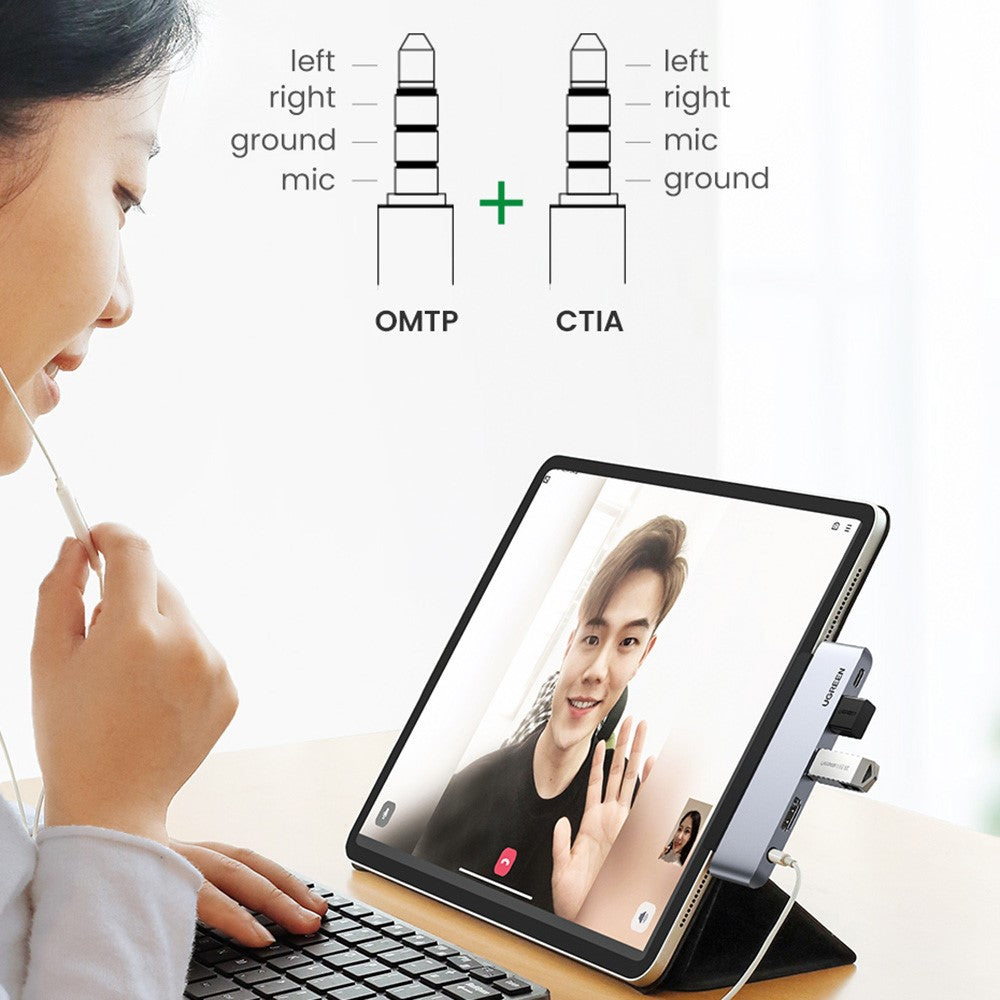 UGREEN 20199 USB C Hub to 4K 60Hz HD Video Output + 2xUSB 3.0 + 3.5mm Aux Port + PD 100W Super Fast Charge Type C Adapter for iPad Pro 2018 2020 12.9" / 11" Air 4