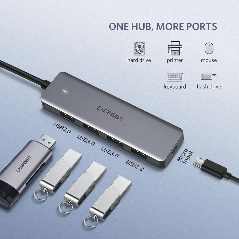 UGREEN 50985 USB Hub Adapter USB 3.0 to 4 Ports USB 3.0 + Micro USB Charging Port Multi-function USB Converter for MacBook Surface Pro Computer Accessories